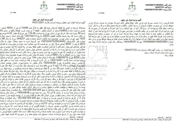 مزایده ششدانگ عرصه و اعیان یک قطعه آپارتمان نوع ملک طلق به پلاک ثبتی 72499 فرعی از 6933 اصلی