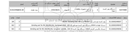 استعلام دستگاه پودر کننده نمونه