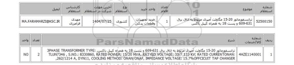 استعلام ترانسفورماتور 20-15 مگاولت آمپری مربوط به اتاق برق 631-609 و پست 18 به همراه کیبل باکس