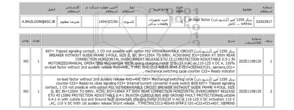استعلام بریکر 1250 آمپر (آرشیو دارد) on-load factor withou ... کامل