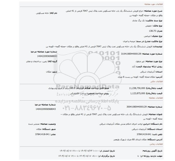 مزایده، فروش ششدانگ یک باب خانه مسکونی تحت پلاک ثبتی 7047 فرعی از 41 اصلی واقع در ملکان –محله گلجه –کوچه بن