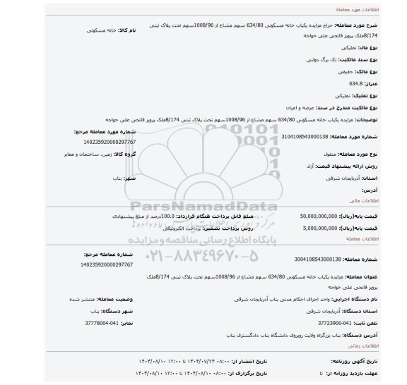 مزایده، مزایده یکباب خانه مسکونی 634/80 سهم مشاع از 1008/96سهم تحت پلاک ثبتی 8/174ملک پرویز فاتحی علی خواجه