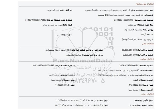 مزایده، یک قطعه زمین صیفی کاری به مساحت 1460 مترمربع
