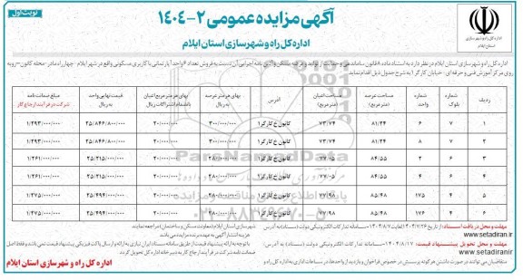 مزایده فروش تعداد 6 واحد آپارتمانی با کاربری مسکونی 