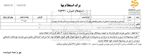 استعلام بازسازی و رفع عیوب احتمالی از سیفتی والوهای بویلر 12 