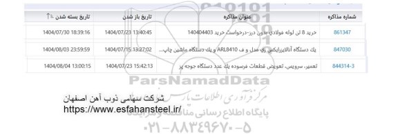 استعلام خرید 8 تن لوله فولادی بدون درز........