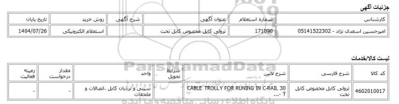 استعلام الکترونیکی، ترولی کابل مخصوص کابل تخت