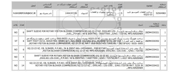 استعلام ساخت قطعات کمپرسور تایپ GQ22-23