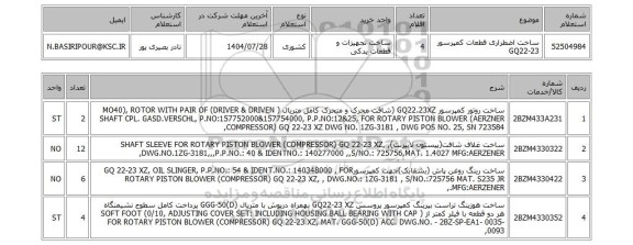 استعلام ساخت اضطراری قطعات کمپرسور GQ22-23