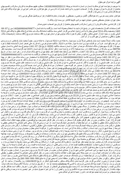 مزایده ششدانگ یک باب خانه نوع ملک طلق به پلاک ثبتی 5214 اصلی مفروز و مجزا شده از اصلی