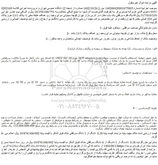 مزایده 0.38  دانگ از 1 دانگ از 6 دانگ سرقفلی ملک