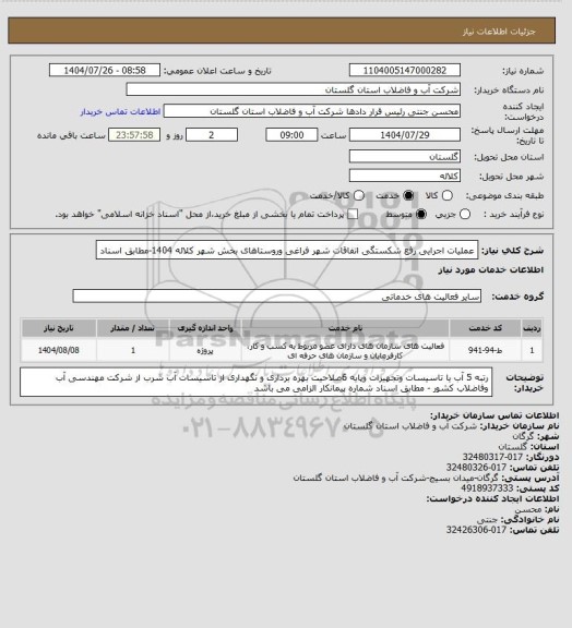 استعلام عملیات اجرایی رفع شکستگی اتفاقات شهر فراغی وروستاهای بخش شهر کلاله 1404-مطابق اسناد