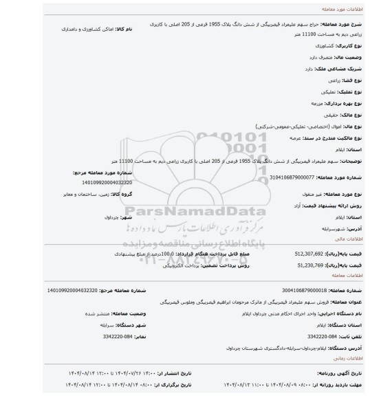 مزایده، سهم علیمراد قیصربیگی از  شش دانگ پلاک  1955 فرعی از 205 اصلی  با کاربری زراعی دیم به مساحت 11100 متر