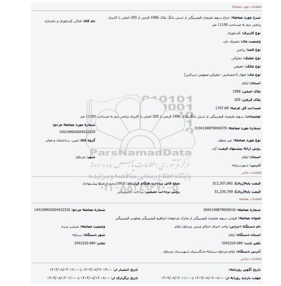 مزایده، سهم علیمراد قیصربیگی از  شش دانگ پلاک  1956 فرعی از 205 اصلی  با کاربری زراعی دیم به مساحت 11100 متر