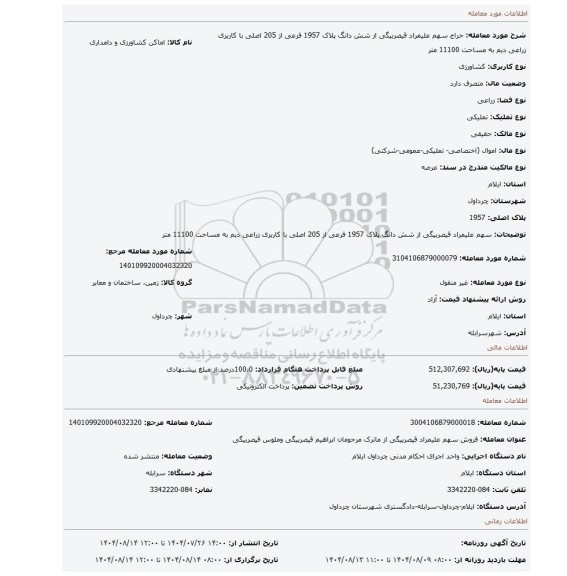 مزایده، سهم علیمراد قیصربیگی از  شش دانگ پلاک  1957 فرعی از 205 اصلی  با کاربری زراعی دیم به مساحت 11100 متر