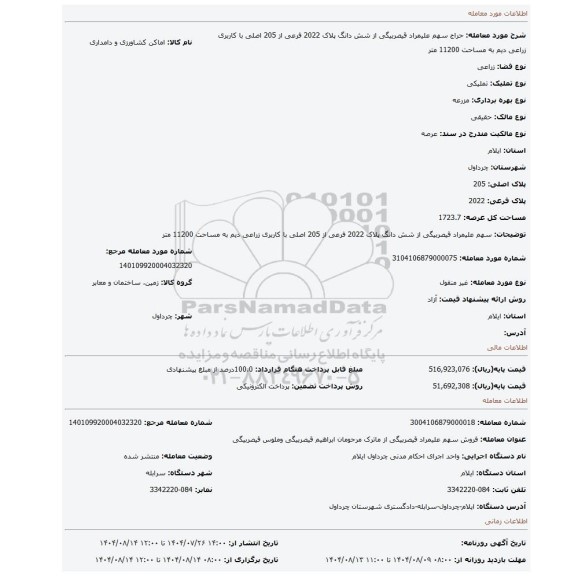 مزایده، سهم علیمراد قیصربیگی از  شش دانگ پلاک  2022 فرعی از 205 اصلی  با کاربری زراعی دیم به مساحت 11200 متر