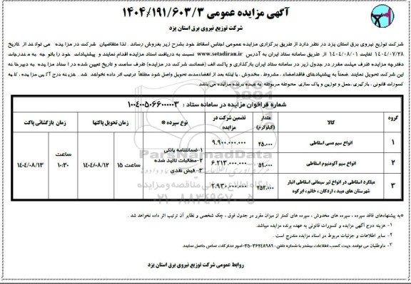 مزایده انواع سیم مسی اسقاطی و ...