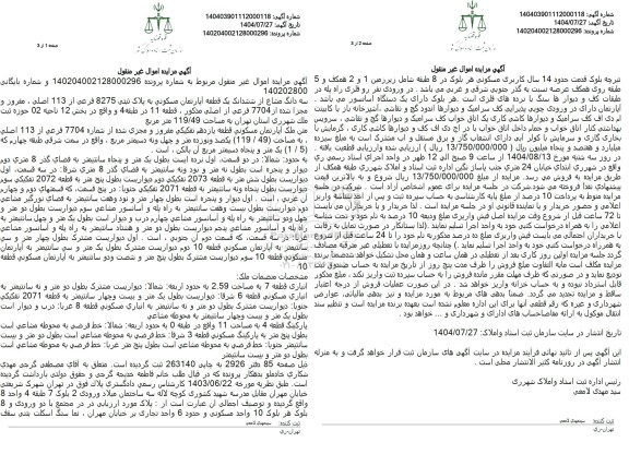 مزایده سه دانگ مشاع از ششدانگ یک قطعه آپارتمان مسکونی