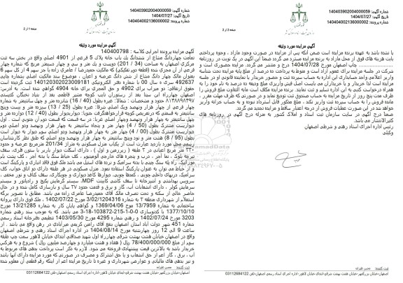 مزایده فروش ملک به مساحت (201.34) مترمربع