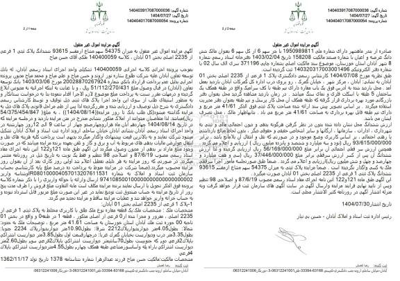 مزایده میزان 5437 سهم مشاع از مقسم 93615 ششدانگ پلاک ثبتی 1 فرعی از 2235 اصلی 