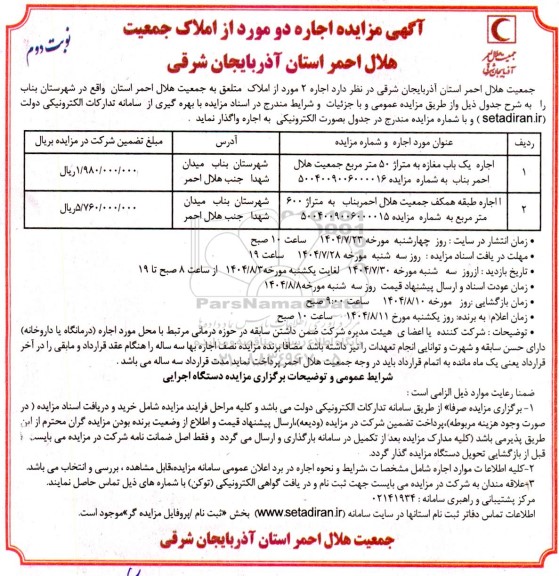 مزایده اجاره 2 مورد از املاک - نوبت دوم 
