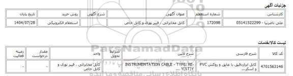 استعلام الکترونیکی، کابل مخابراتی ، فیبر نوری و کابل خاص