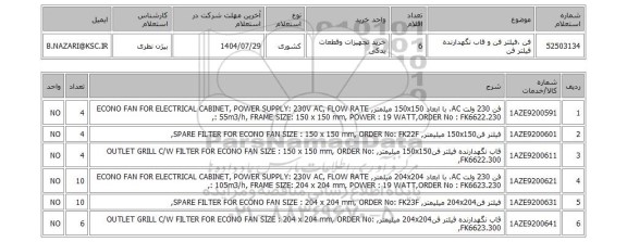استعلام فن ،فیلتر فن و قاب نگهدارنده  فیلتر فن