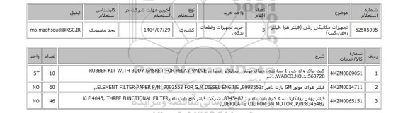 استعلام تجهیزات مکانیکی ریلی (فیلتر هوا ،فیلتر روغن،کیت)