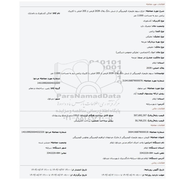 مزایده، سهم علیمراد قیصربیگی از  شش دانگ پلاک  2039 فرعی از 205 اصلی  با کاربری زراعی دیم به مساحت 11000 متر