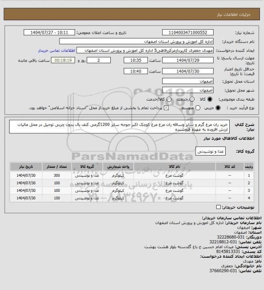 استعلام خرید ران مرغ گرم و سایز وساقه ران مرغ  مرغ کوچک اکبر جوجه سایز 1200گرمی کتف بال بدون چربی توحیل در محل مالیات ارزش افزوده به عهده فروشنده