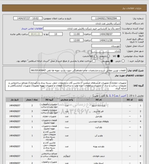 استعلام قطعات توربین مطابق شرح و مشخصات تقاضا.هماهنگی جهت بازدید نمونه ها  تلفن 06153183647