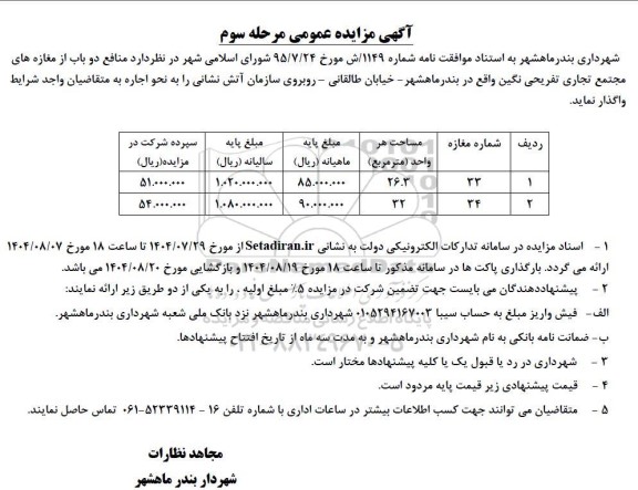 مرحله سوم مزایده اجاره منافع دو باب مغازه