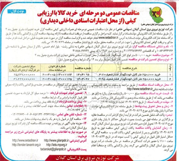 مناقصه خرید 500.000 متر انواع کابل خودنگهدار فشار ضعیف