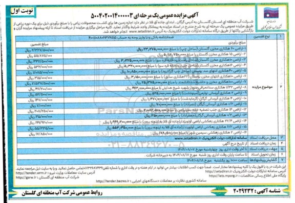 مزایده فروش اراضی 60 هکتاری مخزن گلستان ساحل چپ ...