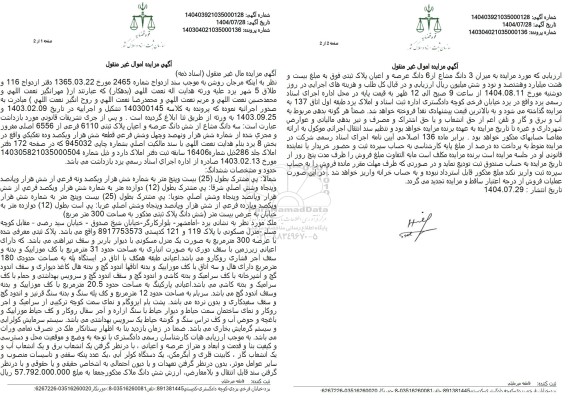 مزایده سه دانگ مشاع از شش دانگ عرصه و اعیان پلاک ثبتی 6110 فرعی از 6556 اصلی مقرور و مجری شده از شماره شش هزار و نهصد وجهل وشش فرعی قطعه شش هزار و یکصد و ده تفکیکی