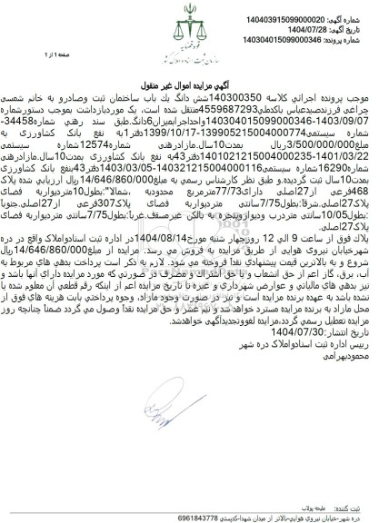 مزایده شش دانگ يک باب ساختمان