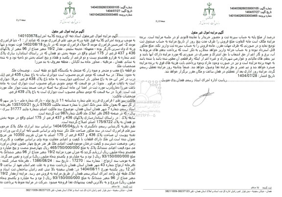 مزایده فروش مقدار 19/2 شعیر مشاع از 96 شعیر از پلاکهای 436 و 437 فرعی از 175 اصلی