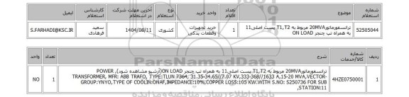 استعلام ترانسفورماتور20MVA مربوط به T1,T2 پست اصلی11 به همراه تپ چنجر ON LOAD