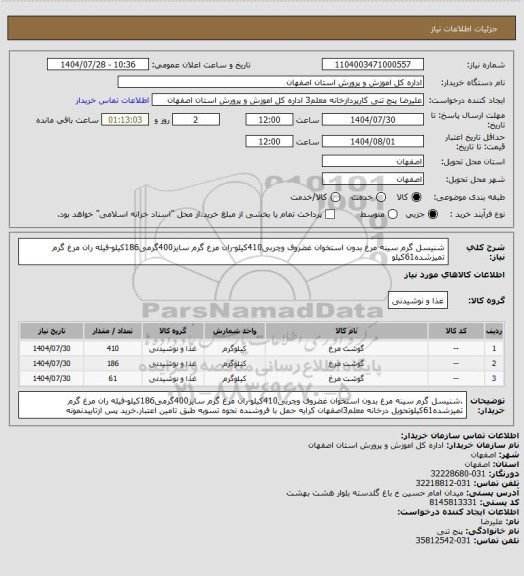 استعلام شنیسل گرم سینه مرغ بدون استخوان غضروف وچربی410کیلو-ران مرغ گرم سایز400گرمی186کیلو-فیله ران مرغ گرم تمیزشده61کیلو