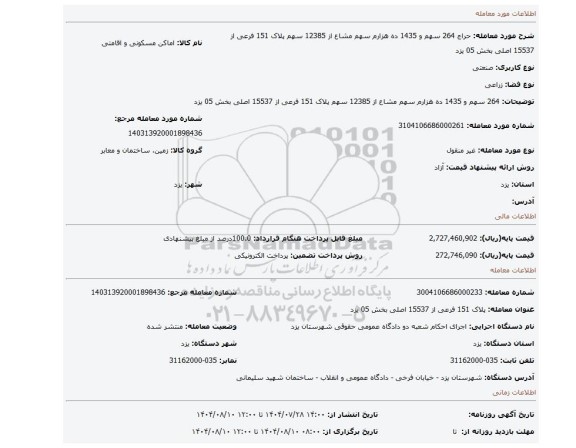 مزایده، 264 سهم و 1435 ده هزارم سهم مشاع از 12385 سهم  پلاک 151 فرعی از 15537 اصلی بخش 05 یزد