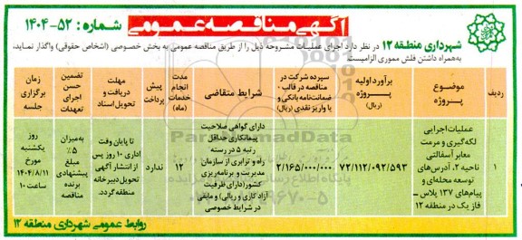 مناقصه عملیات اجرایی لکه گیری و مرمت معابر آسفالتی 