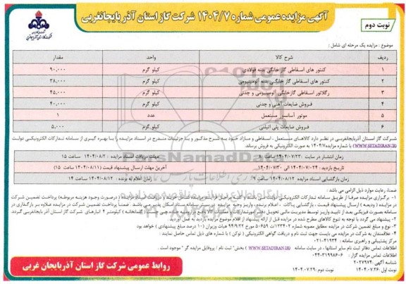 مزایده فروش کنتورهای اسقاطی گاز خانگی بدنه فولادی ... - نوبت دوم