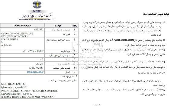 استعلام UNLOADING RELIEF VALVE RVI (PRESS CONTROL)