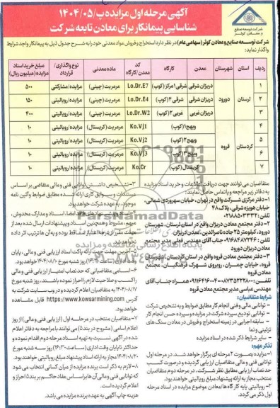 آگهی مزایده شناسایی پیمانکار استخراج و فروش مواد معدنی 