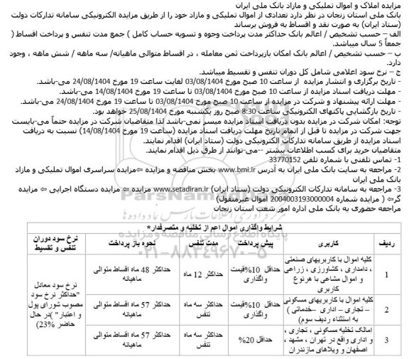 مزایده املاک و اموال تملیکی و مازاد بانک ملی ایران 