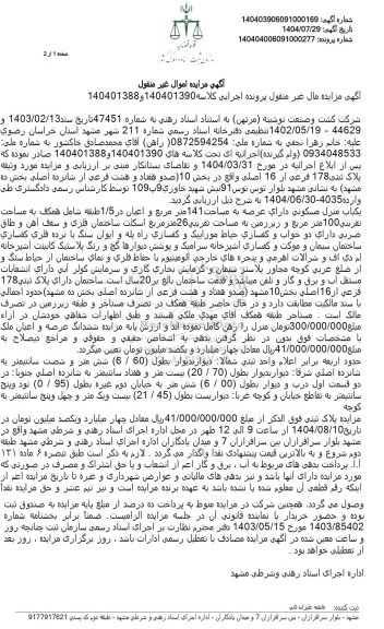  مزایده مورد وثیقه پلاک ثبتی 178 فرعی از 16 اصلی