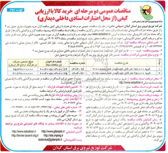 مناقصه خرید 500.000 متر انواع کابل خودنگهدار فشار ضعیف- نوبت دوم 