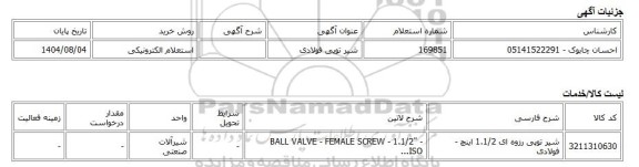 استعلام الکترونیکی، شیر توپی فولادی