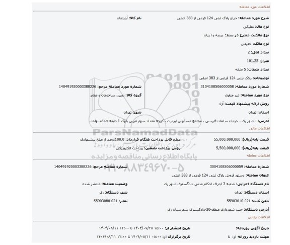 مزایده، پلاک ثبتی 124 فرعی از 383 اصلی