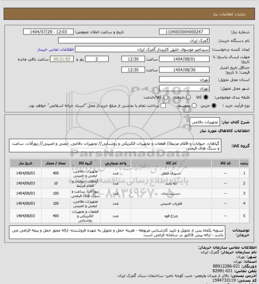 استعلام تجهیزات دفاعی